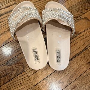 Badgley Mischka Pearl-Embellished Cream Slide Mules